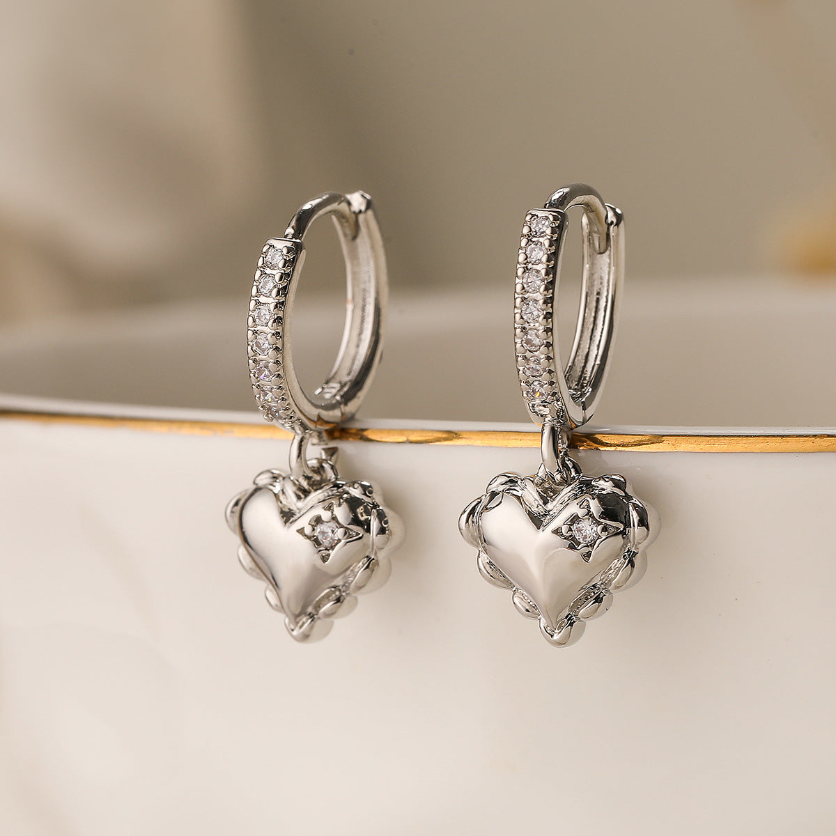 Minimalist Heart-Shaped Copper Earrings with Real Gold Plating and Zircon Accents for Women