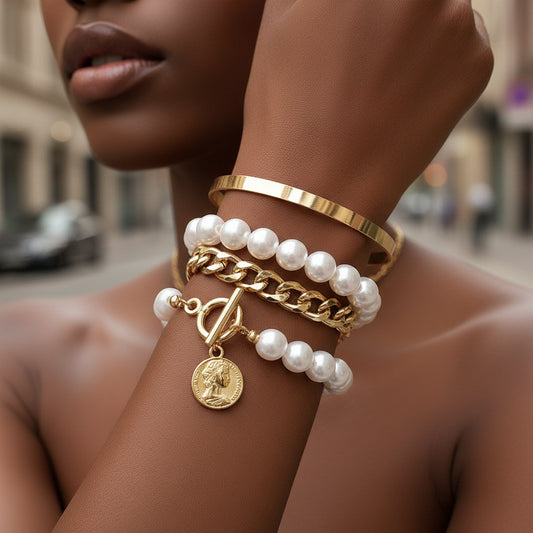 Sweet Streetwear Alloy Plated Letter Cuban Link Chain Bracelet with Imitation Pearl for Women