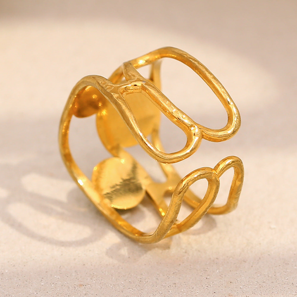 Fashionable Geometric Stainless Steel Ring with 18K Gold Plating and Emerald Accent for Women