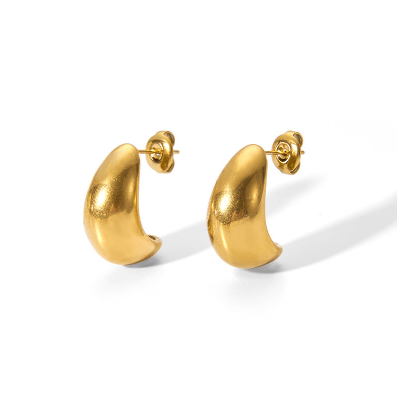 Minimalist Geometric Stainless Steel 18K Gold Plated Asymmetrical Hoop Earrings with Hollow Gold Bead Detail