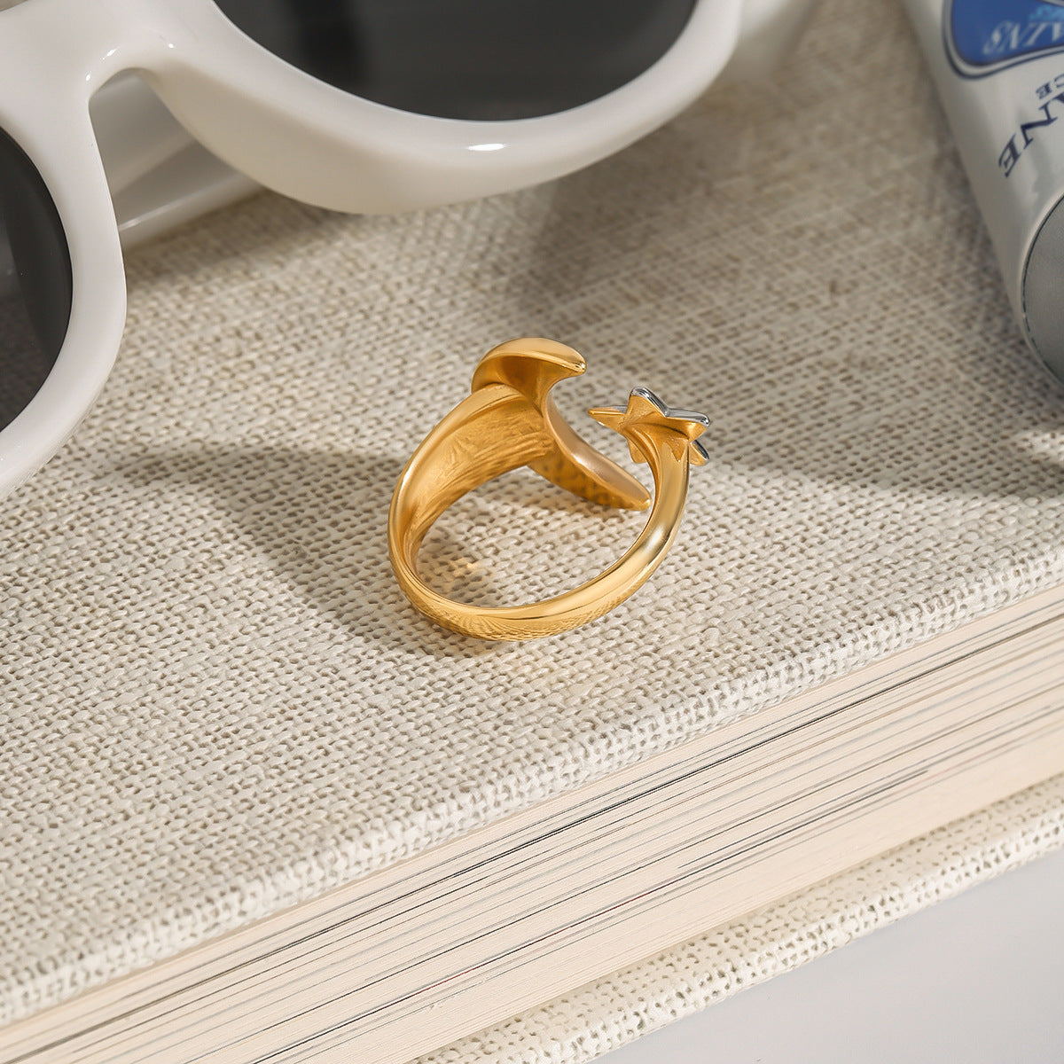 Anillo para mujer chapado en acero inoxidable con diseño geométrico minimalista de estrella y luna