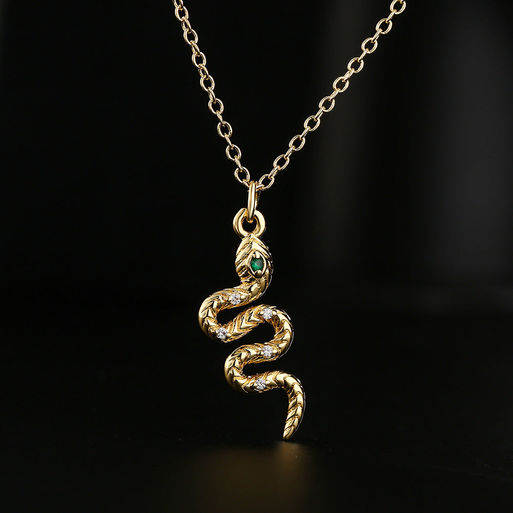 Minimalist Snake-Shaped Pendant Necklace for Women Made of Copper with 18K Gold Plating and Zircon Inlay