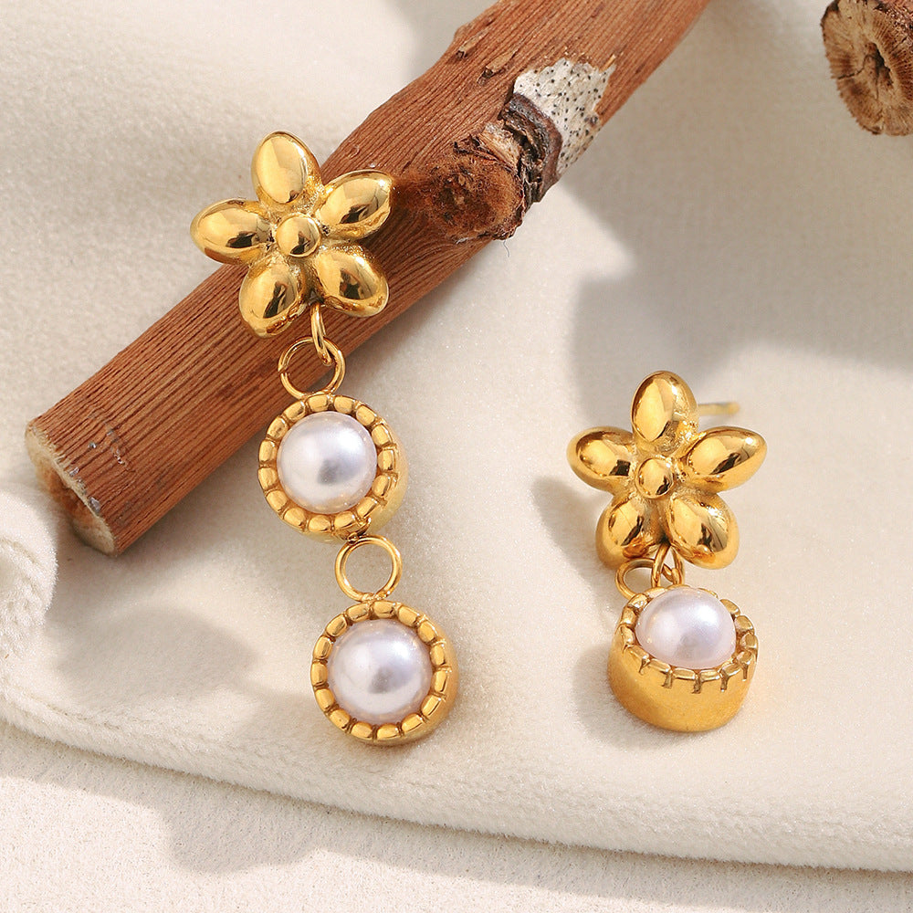 Minimalist Asymmetrical Flower Stud Earrings in Stainless Steel with 18K Gold Plating and Simulated Pearl Accents