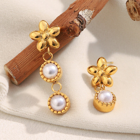 Minimalist Asymmetrical Flower Stud Earrings in Stainless Steel with 18K Gold Plating and Simulated Pearl Accents