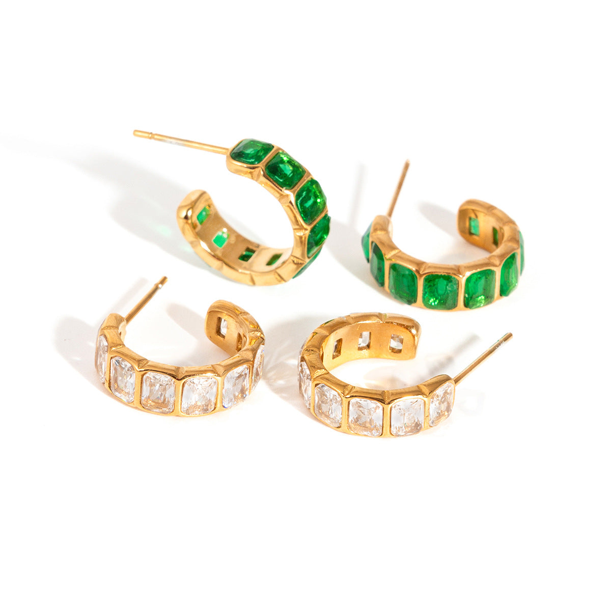 Elegant Geometric Stainless Steel Hoop Earrings with Green Cubic Zirconia Plated Finish for Women