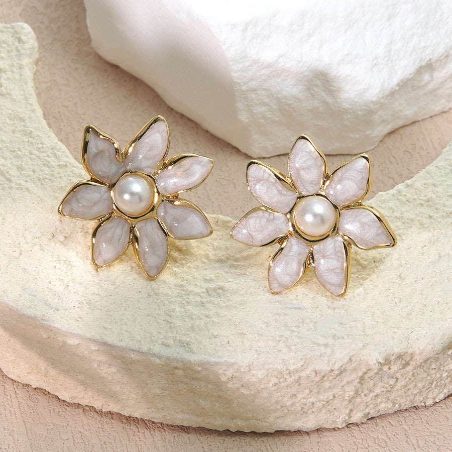 Vintage Elegant Drip Oil Floral Stainless Steel Pearl Stud Earrings