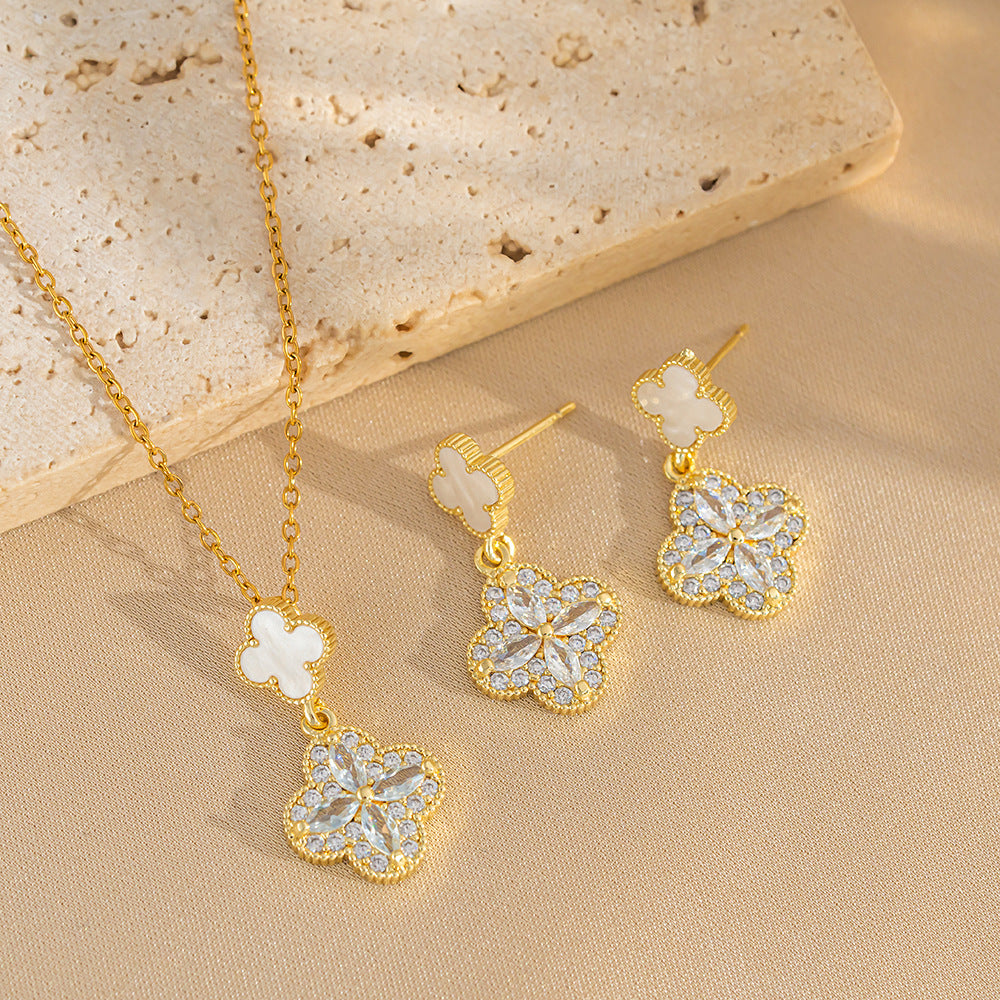 Elegant Four-Leaf Clover Earrings in Titanium Steel with Rhinestone Inlay for Women