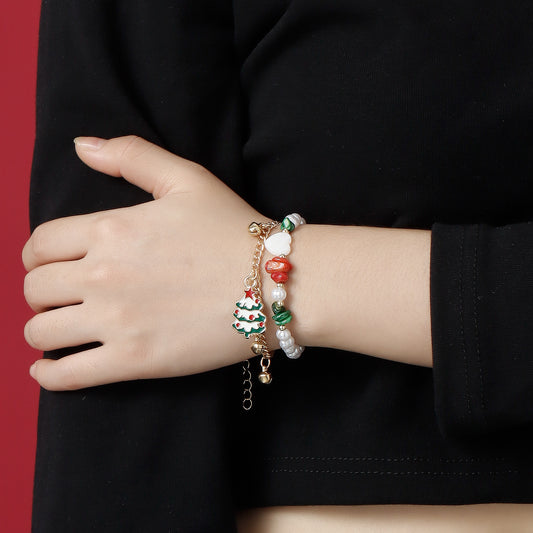 Pulsera de Cuentas con Diseño Original de Árbol de Navidad y Corazón, con Acentos de Piedras Naturales y Perlas, Pulsera de Cuerda de Doble Capa con Acabado Chapado
