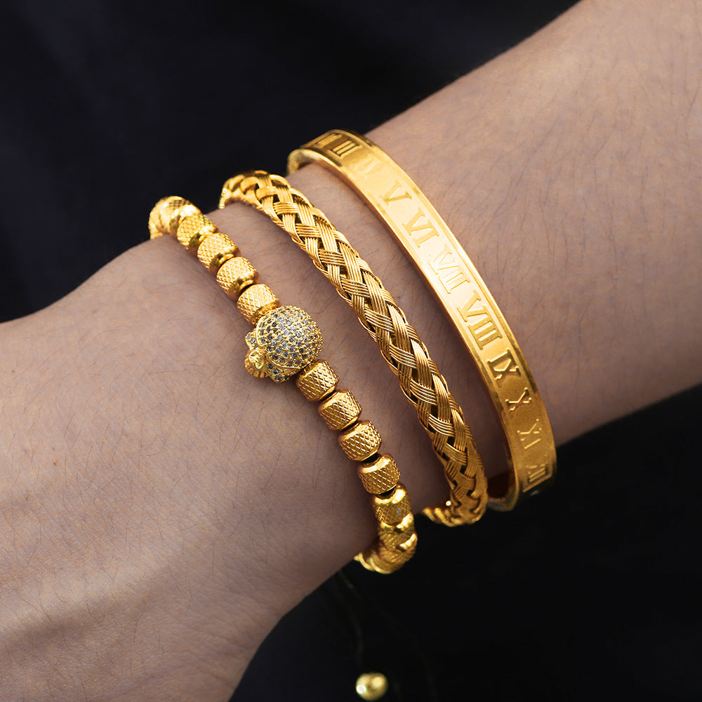 Geometric Skull Cubic Zirconia Plated Stainless Steel Woven Bracelet Set