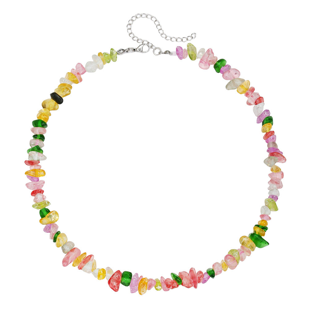 Bohemian Geometric Natural Crystal Chip Necklace Plated Stainless Steel Cable Chain for Women