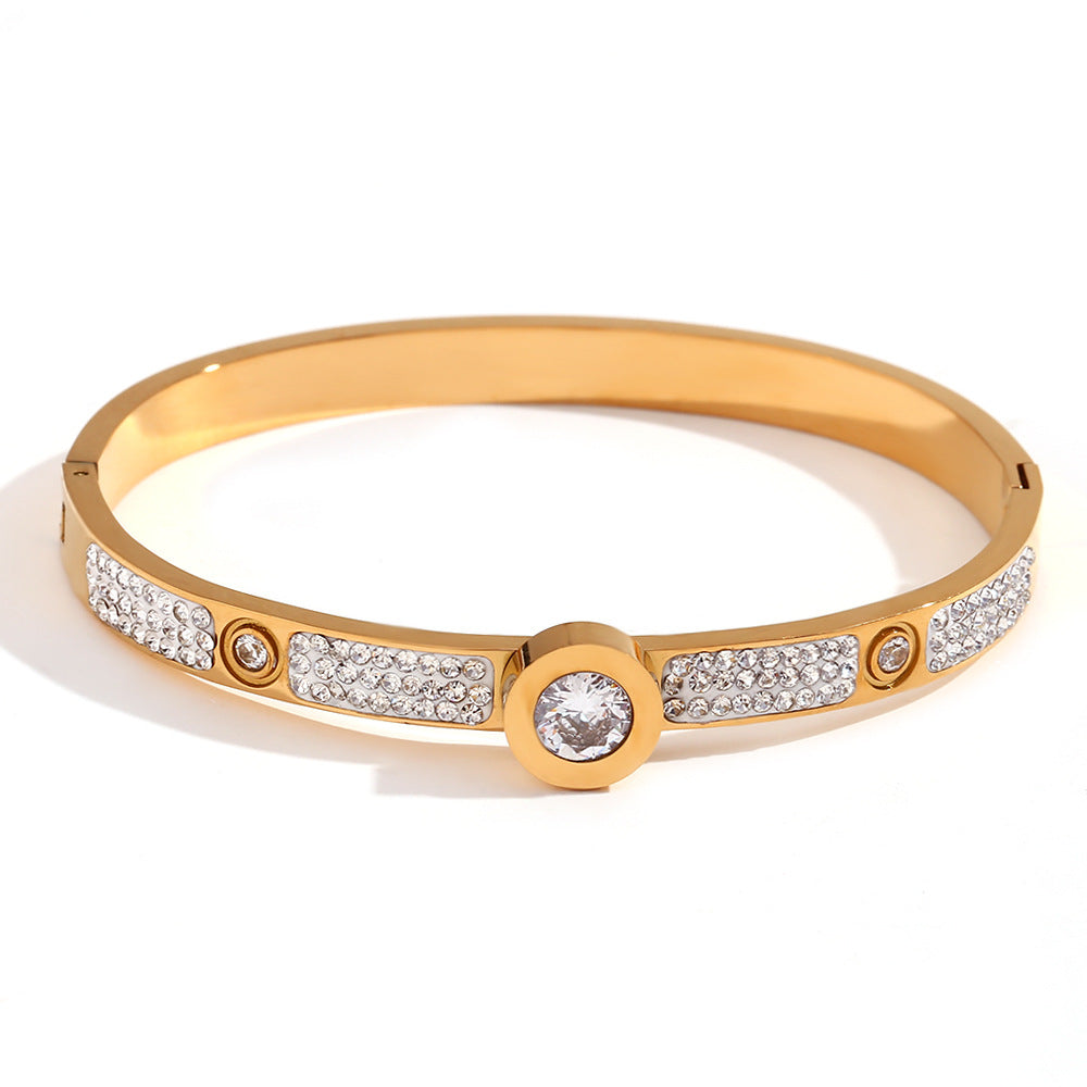 Bracciale alla moda con perline geometriche da donna in acciaio inossidabile con placcatura in oro 18K e zirconi, chiusura a molla