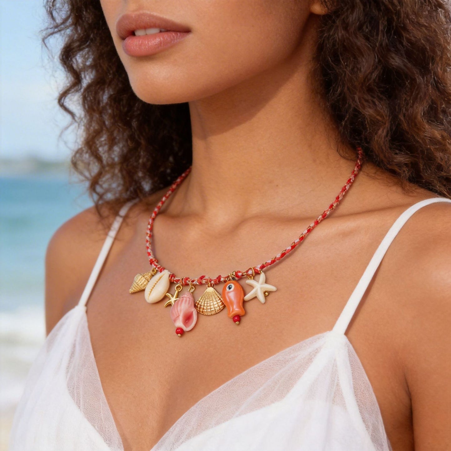Bohemian Ceramic Shell Dolphin Fish Pendant Necklace with Colorful Cable Chain