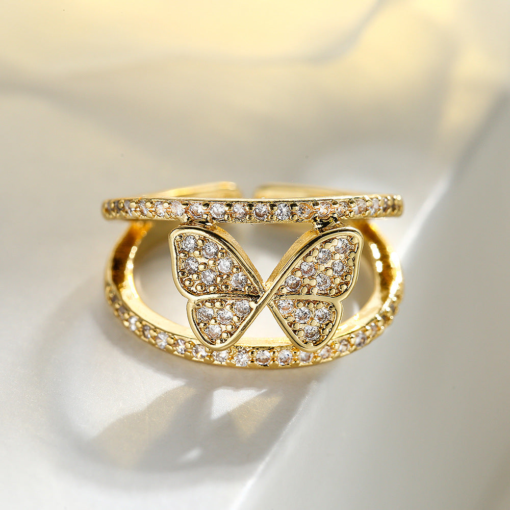 Anello a farfalla minimalista in rame placcato oro vero e zirconi micro-pavé da donna