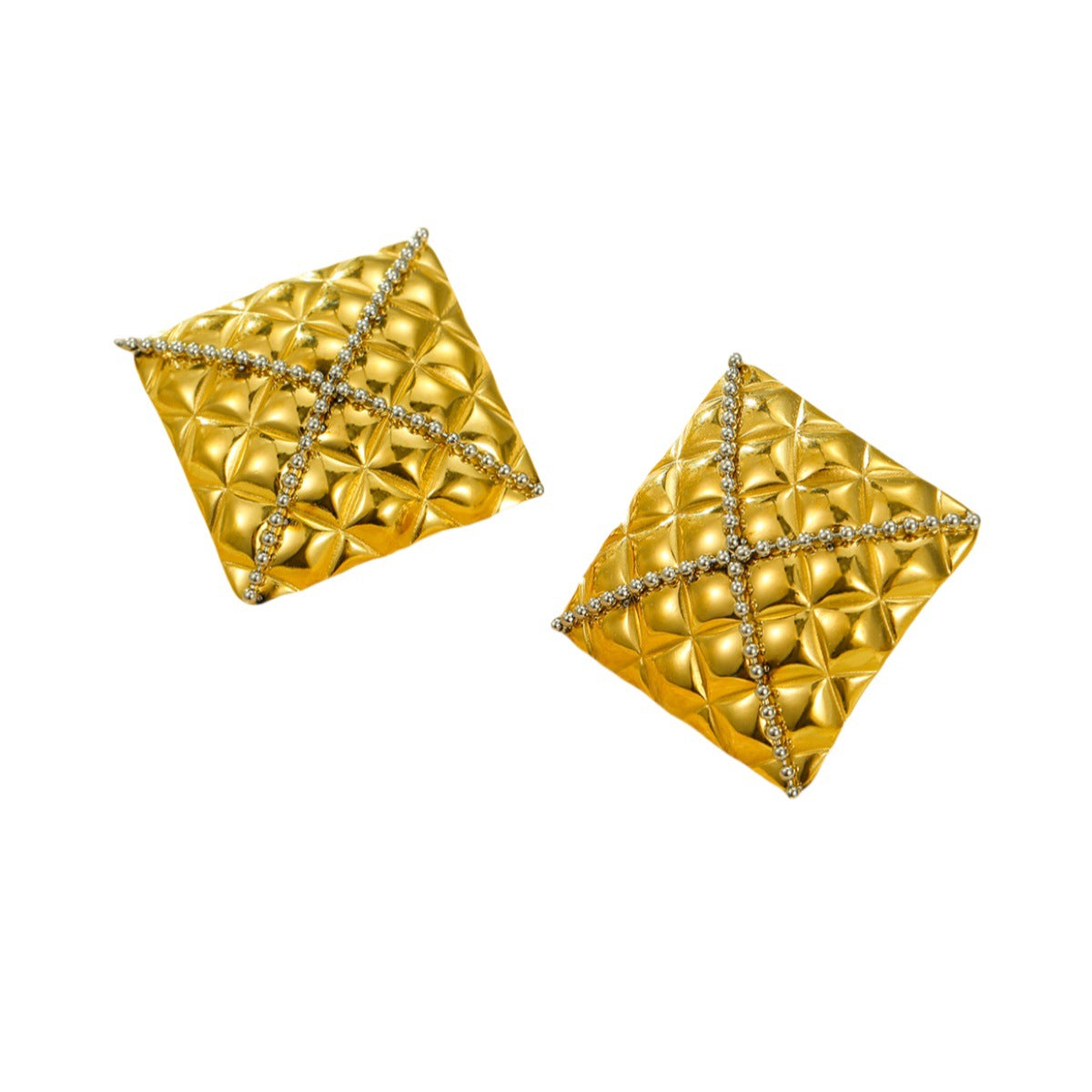 Pendientes de botón cuadrados a cuadros de acero inoxidable con circonitas engastadas para mujer, con chapado en oro y atractivo minimalista de lujo