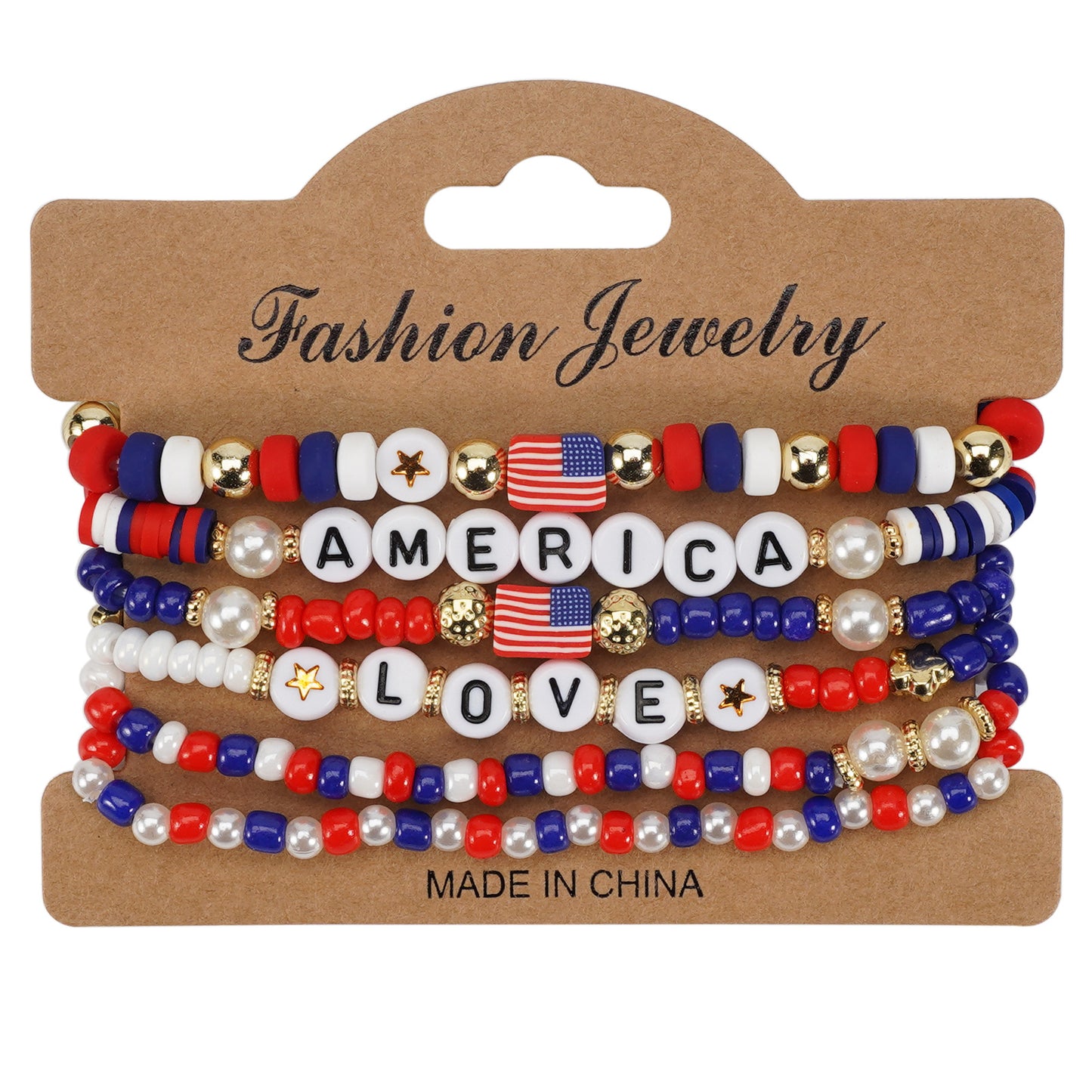 Geometric Resin Beaded Bracelet Red White Blue Patriotic Design Unisex
