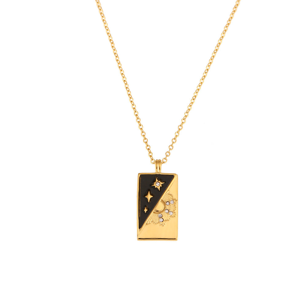 Fashionable Vintage Rectangular Titanium Steel Pendant Necklace with Enamel Finish and Zircon Inlay for Women