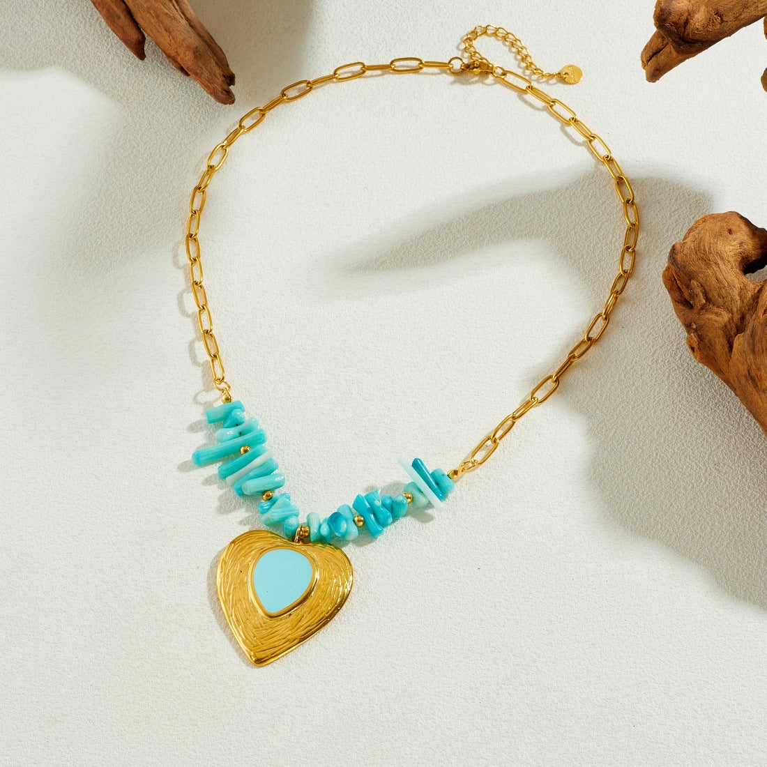 Chic Heart Shaped Gold Plated Drip Oil Stainless Steel Necklace with Blue Stone Beads and Curb Chain