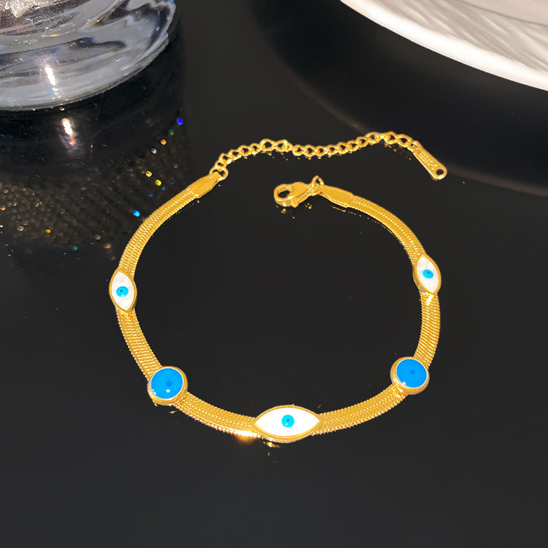 Minimalist Vintage Bohemian Geometric Plated Titanium Steel Bracelet with Blue and White Eye Design