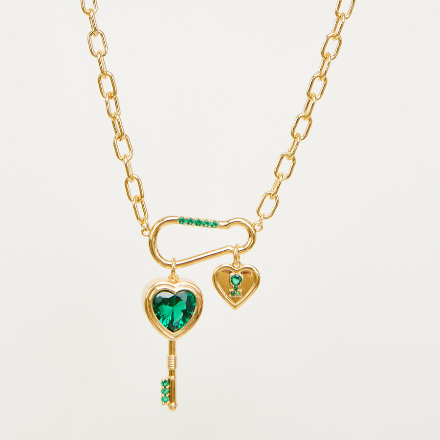 Minimalist Emerald Green Heart Key Pendant Necklace in Copper with Cubic Zirconia Inlay