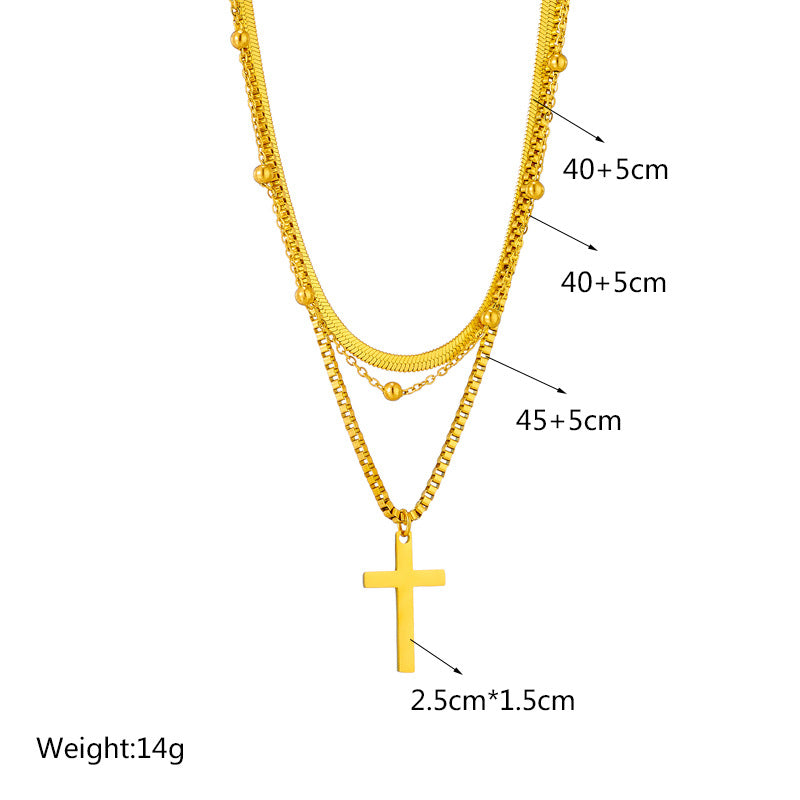 Collar minimalista con colgante de cruz multicapa en acero de titanio con acabado chapado para mujer