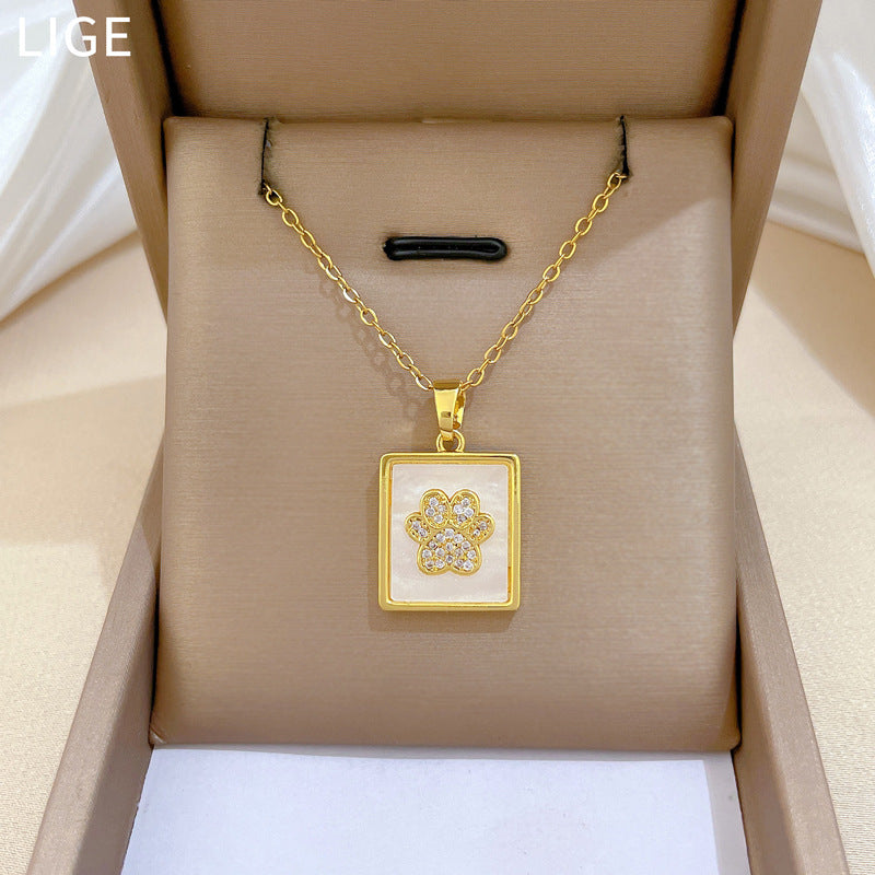 Sweet Cartoon Square Cat Paw Rhinestone Titanium Steel Necklace for Unisex