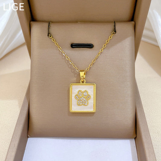 Sweet Cartoon Square Cat Paw Rhinestone Titanium Steel Necklace for Unisex