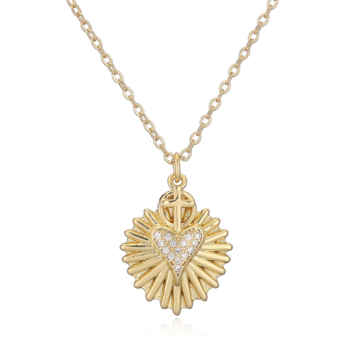 Minimalist 18K Gold Plated Brass Cross Heart Cubic Zirconia Pendant Necklace for Women