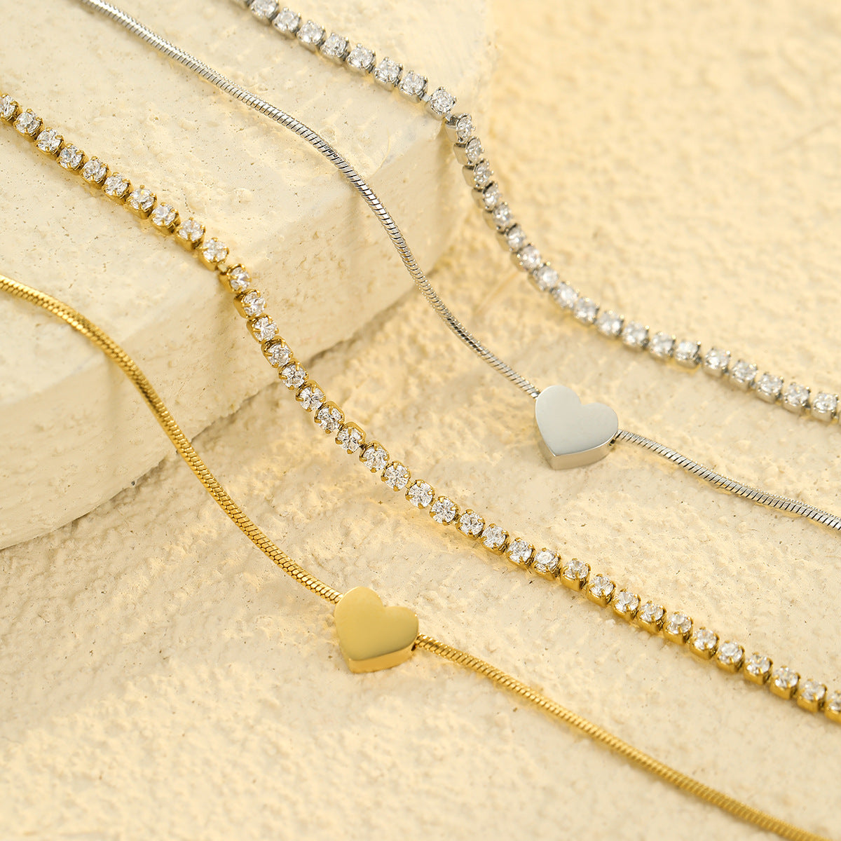 Minimalist Double-Layer Heart-Shaped Stainless Steel Bracelet with Zirconia Accents for Women and Men