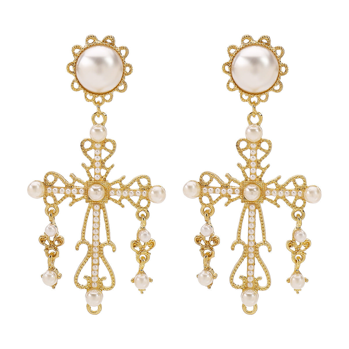 Pendientes de aleación con forma de cruz, estilo vintage barroco, con incrustaciones de perlas simuladas y acabado chapado para mujer