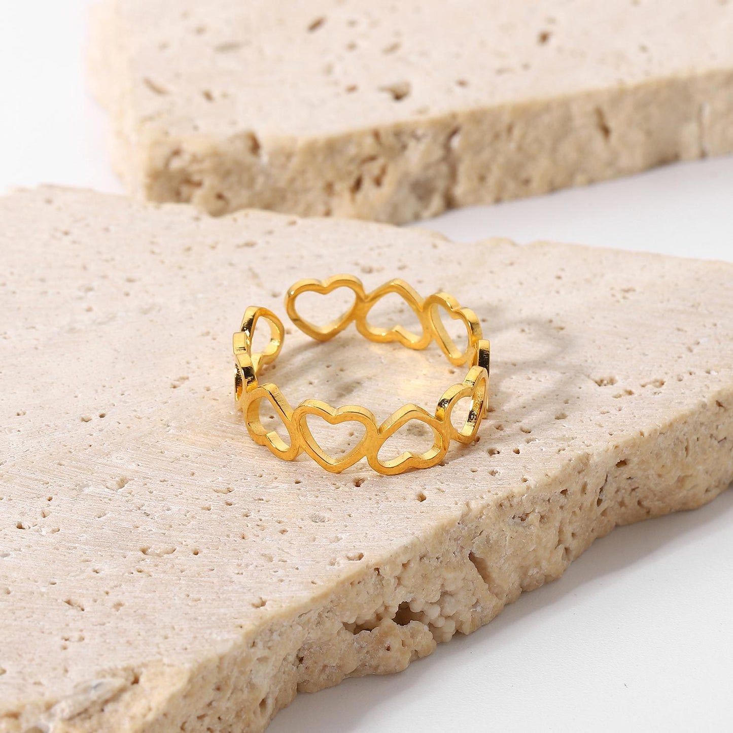 Minimalist Hollow Heart-Shaped Open Ring for Women in Stainless Steel with 18K Gold Plating