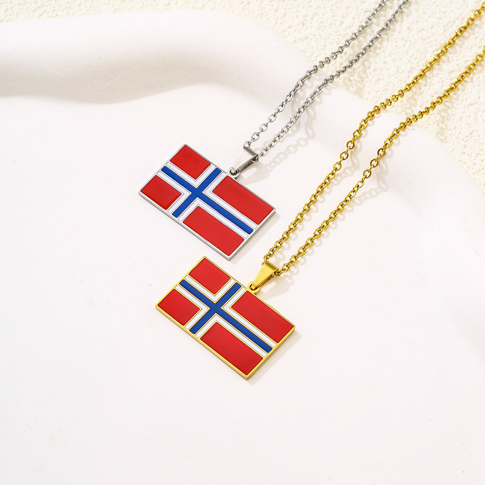 Collana con ciondolo a bandiera norvegese smaltata geometrica vintage unisex in acciaio inossidabile con catena a maglie