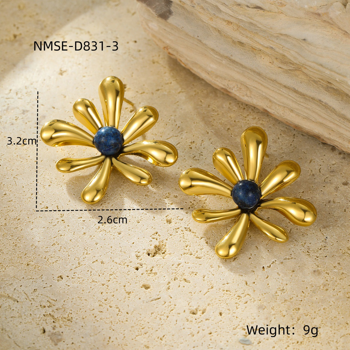 Pendientes Vintage de Acero Inoxidable con Forma de Girasol, Chapado en Oro de 18K e Incrustaciones de Piedras Naturales para Mujer