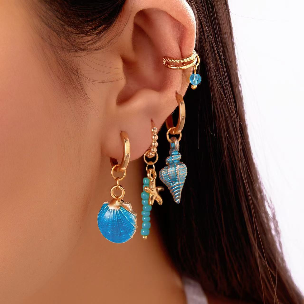 Casual Star Shaped Alloy Plated Shell Ear Cuff and Beaded Earring Set for Women