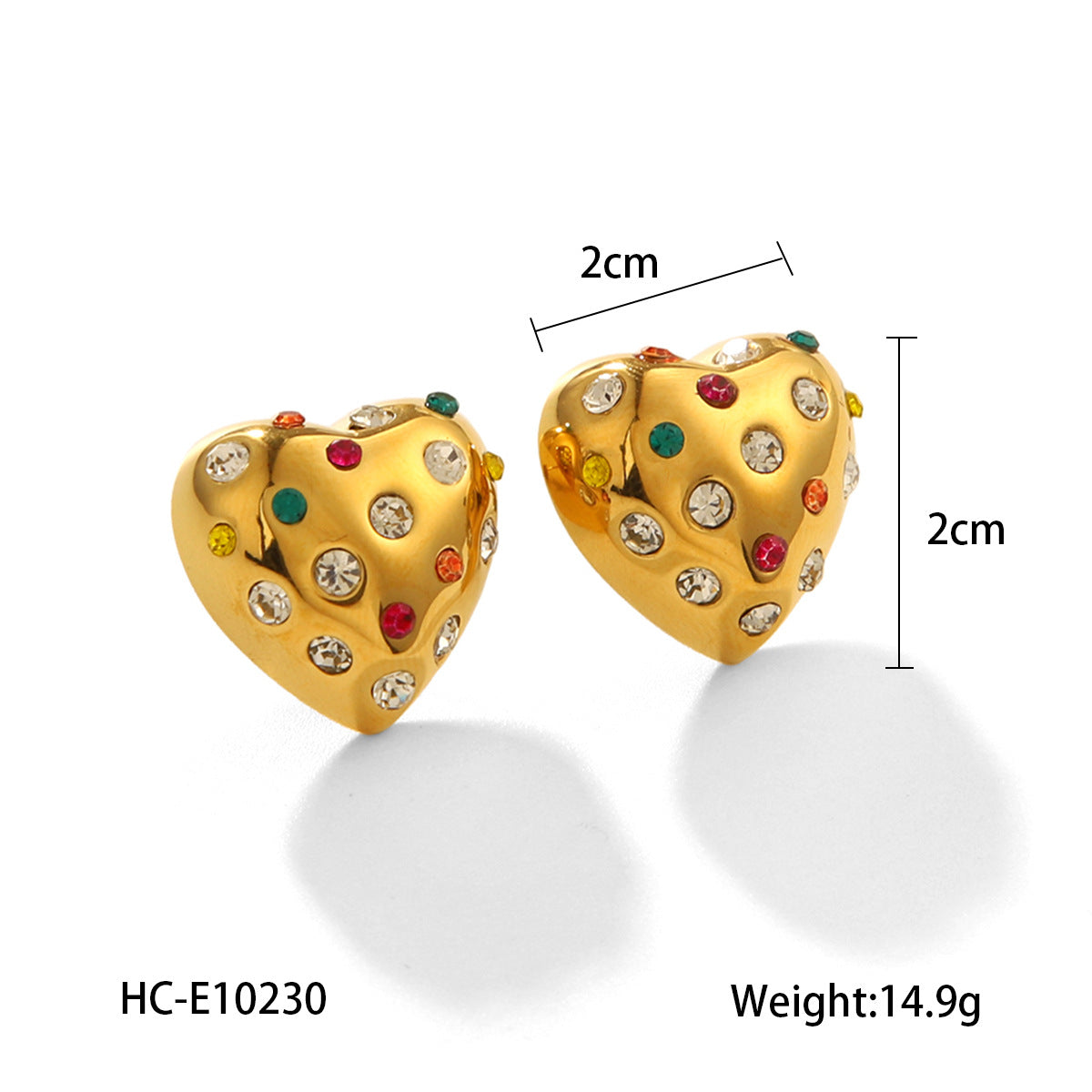 Pendientes de mujer de acero inoxidable chapados en oro de 18 quilates con forma de corazón y circonitas de colores