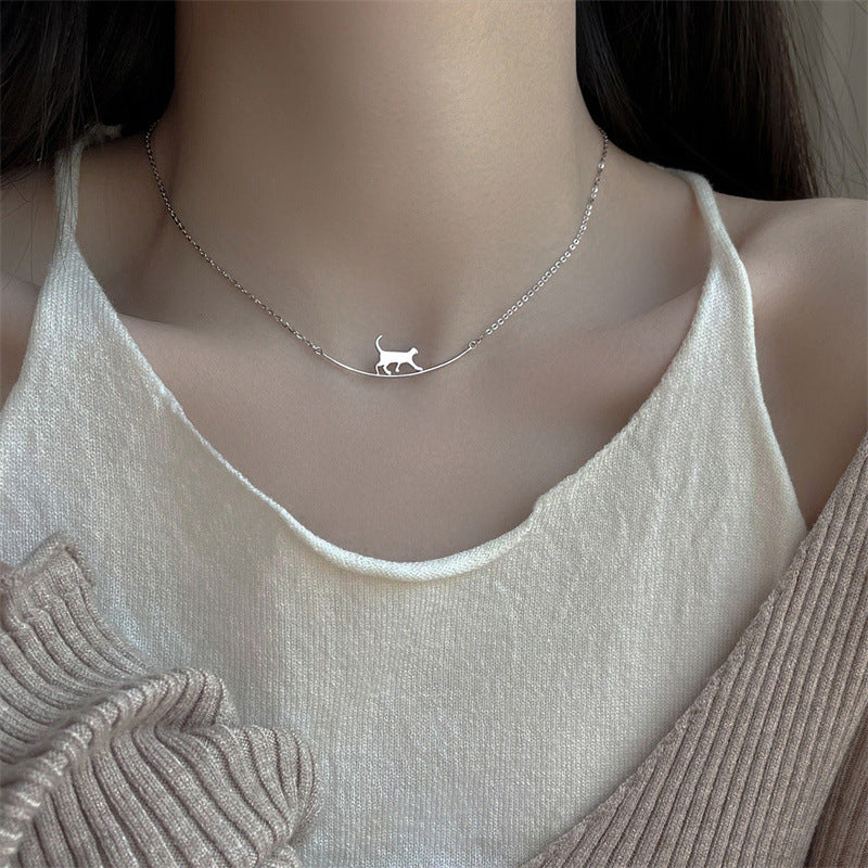 Minimalist Cat Pendant Necklace for Women Stainless Steel Geometric Locket Chain with Plated Finish