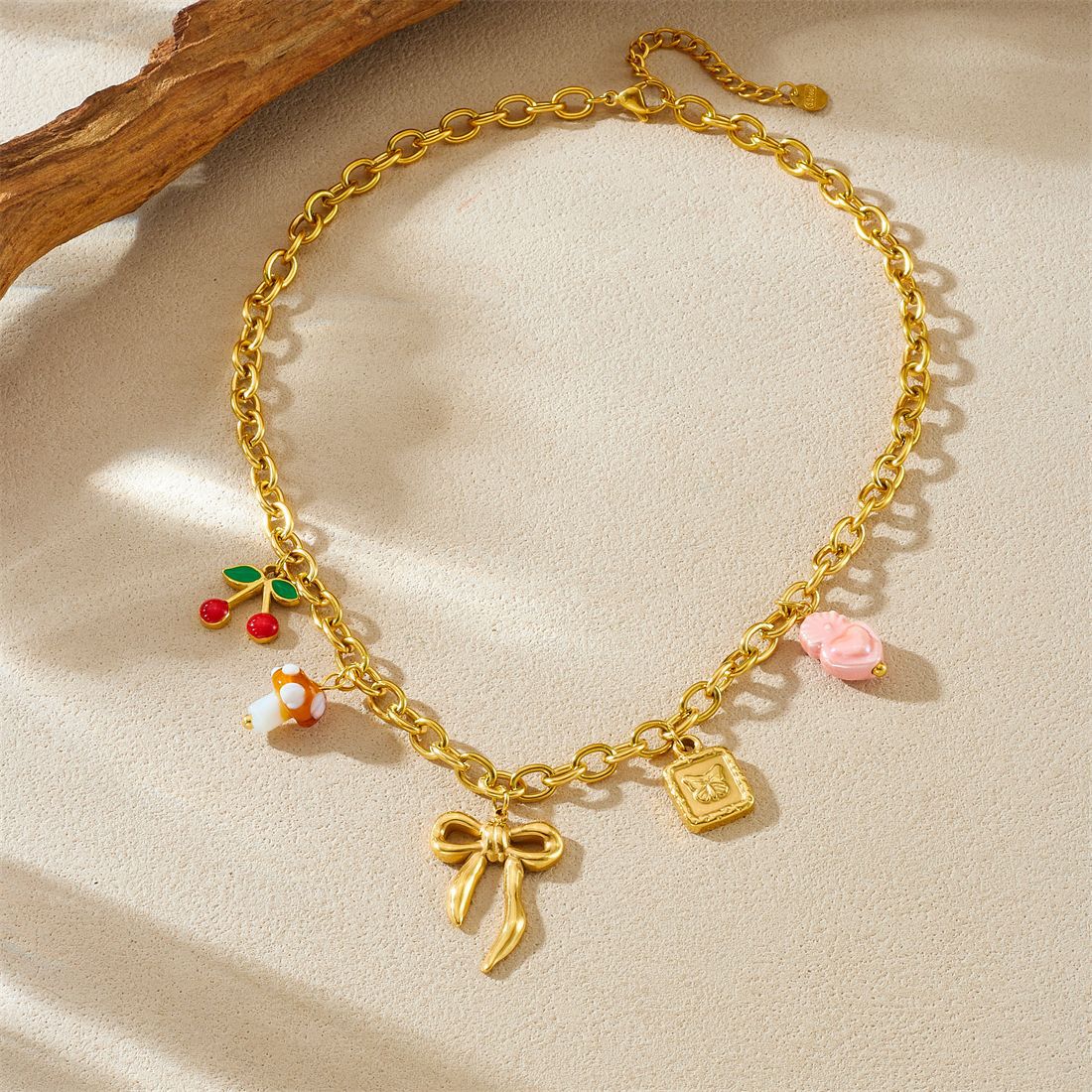 Sweet Gold Plated Drip Oil Fruit Mushroom Heart Cherry Bow Stainless Steel Necklace with Cable Chain