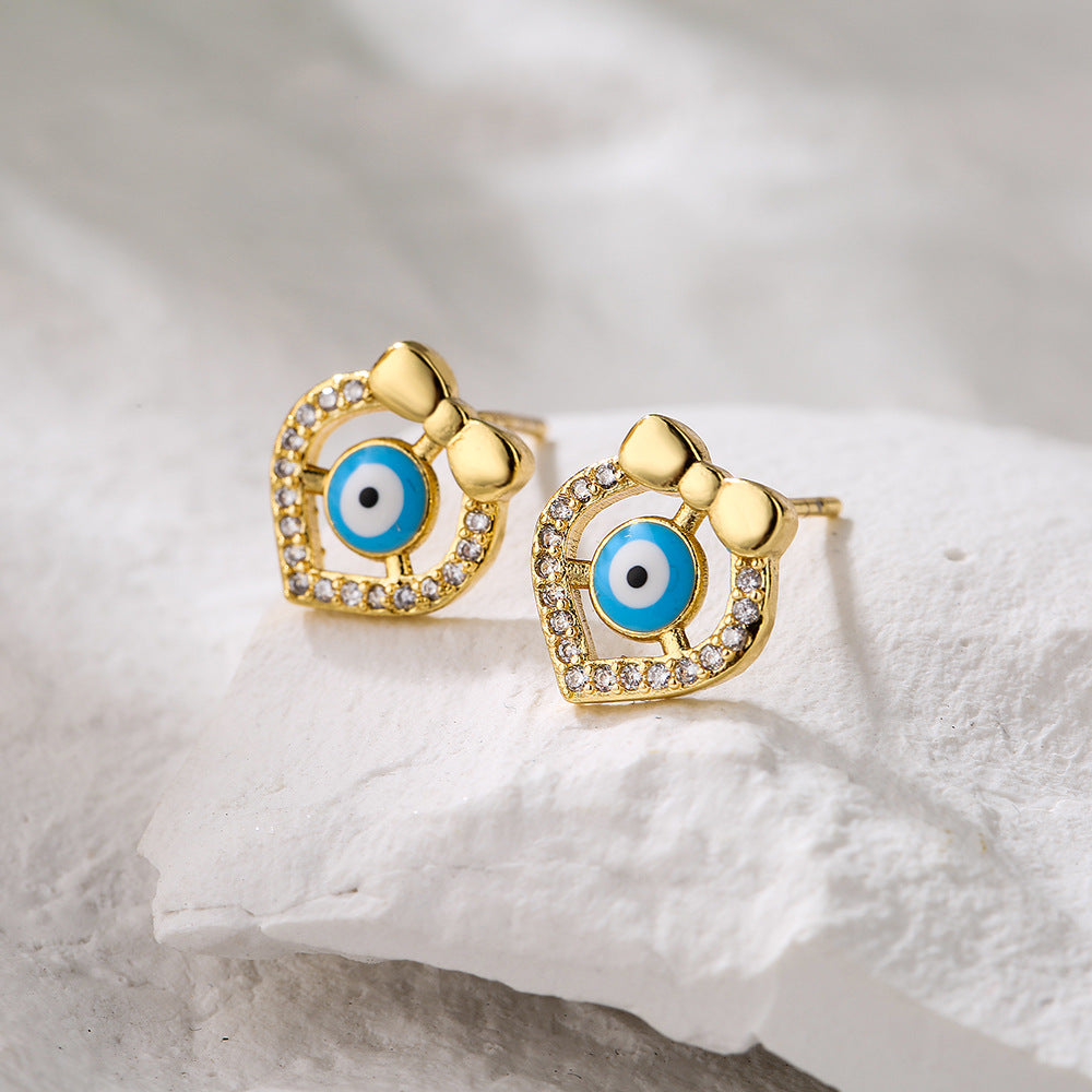 Minimalist Geometric Eye Stud Earrings for Women with Copper Base Plated in 18K Gold and Enamel Finish with Micro-Paved Zirconia