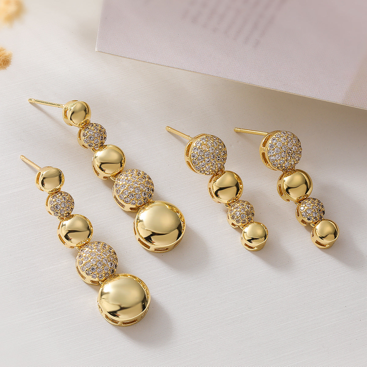 Minimalist Geometric Drop Earrings for Women in Brass with 18K Gold Plating and Zircon Accents