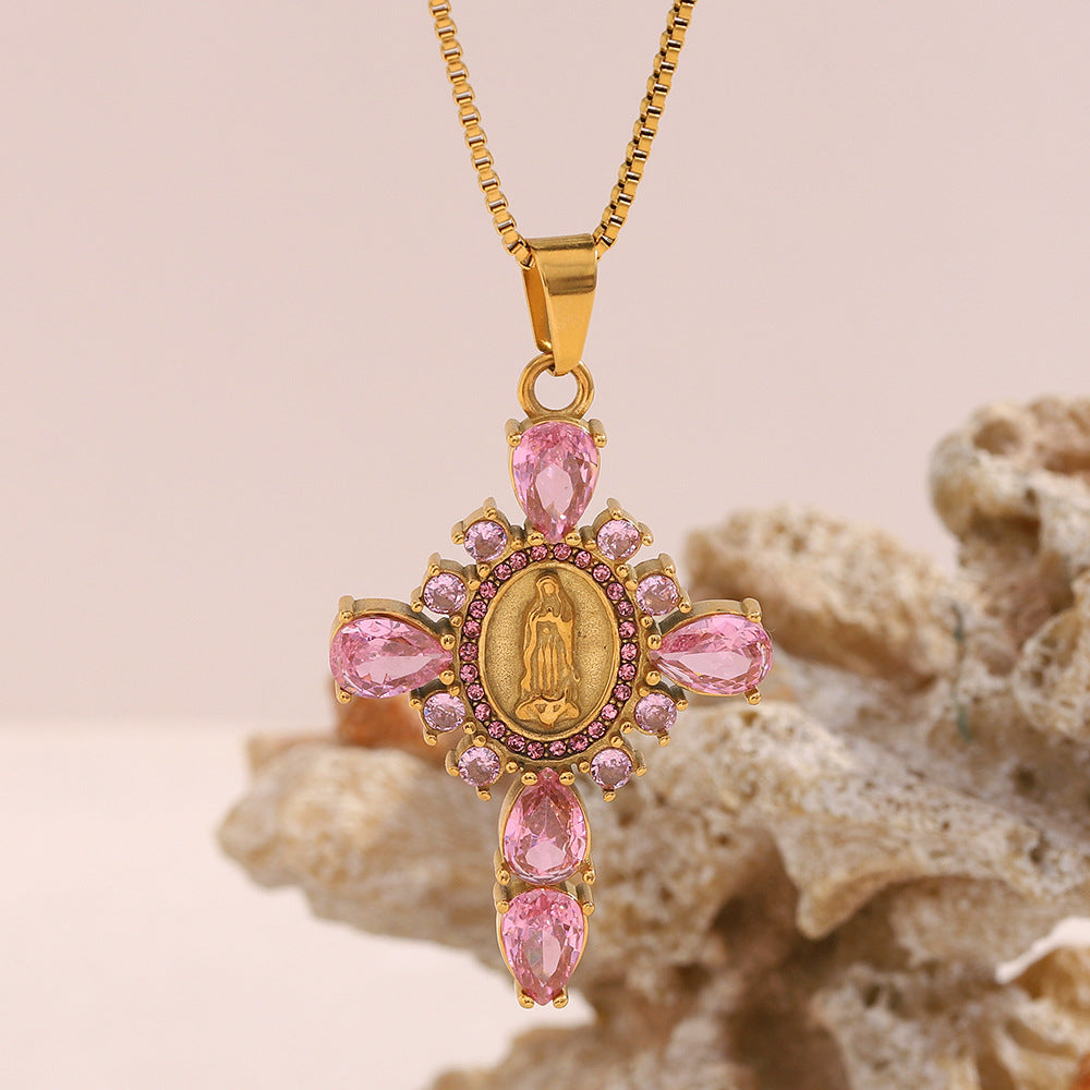 Fashionable OL Style Geometric Stainless Steel Pendant Necklace with 18K Gold Plating and Rhinestone-Inlaid Cross