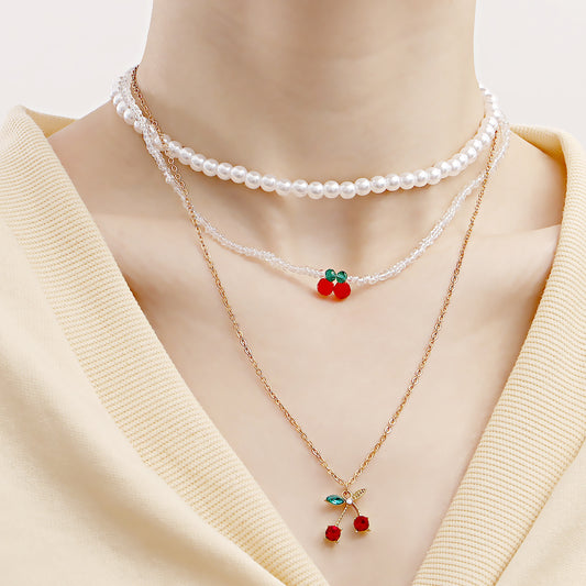 Sweet Minimalist Cherry-Shaped Alloy Pendant Necklace with Gold Plating for Women