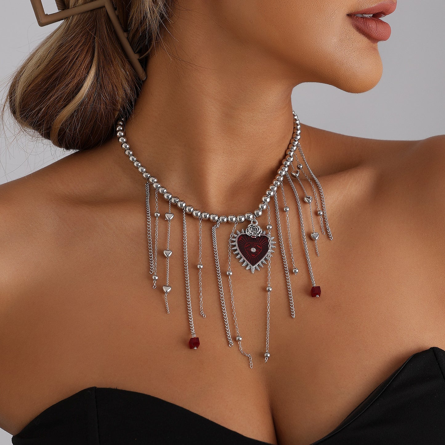 Gothic Sweet Heart Geometric Alloy Plated Necklace with Tassel for Women