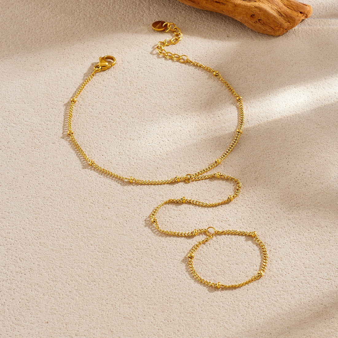 Minimalist Sweet Gold Plated Stainless Steel Beaded Chain Hand Chain Ring Bracelet for Women