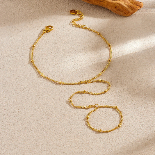 Minimalist Sweet Gold Plated Stainless Steel Beaded Chain Hand Chain Ring Bracelet for Women