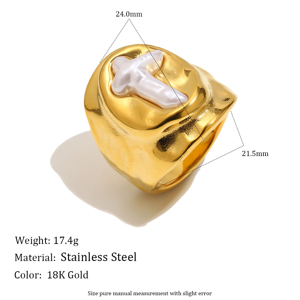 Elegant Minimalist 18K Gold Plated Stainless Steel Cross Oval Imitation Pearl Ring