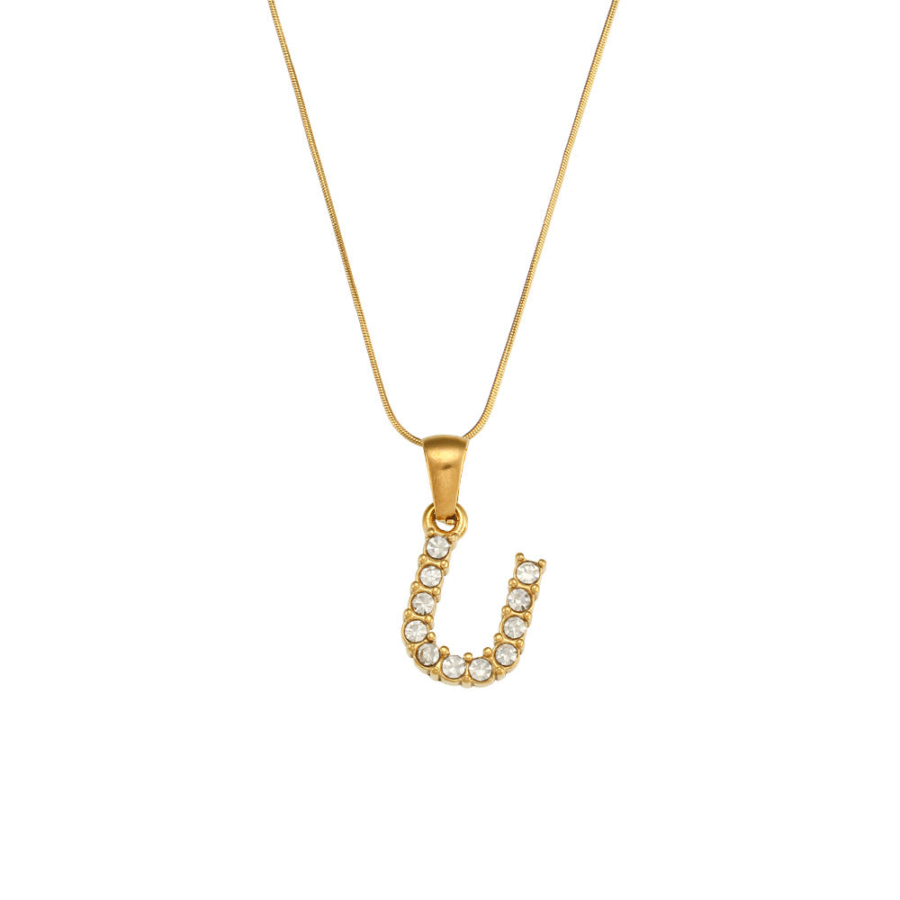 Fashion Minimalist Letter Pendant Necklace in Stainless Steel with 18K Gold Plating and Cubic Zirconia on Thin Snake Chain for Women