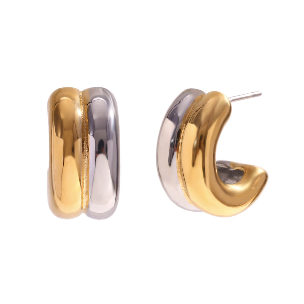 Minimalist Geometric Double-Layer C-Shaped Stainless Steel Hoop Earrings with Plated Finish