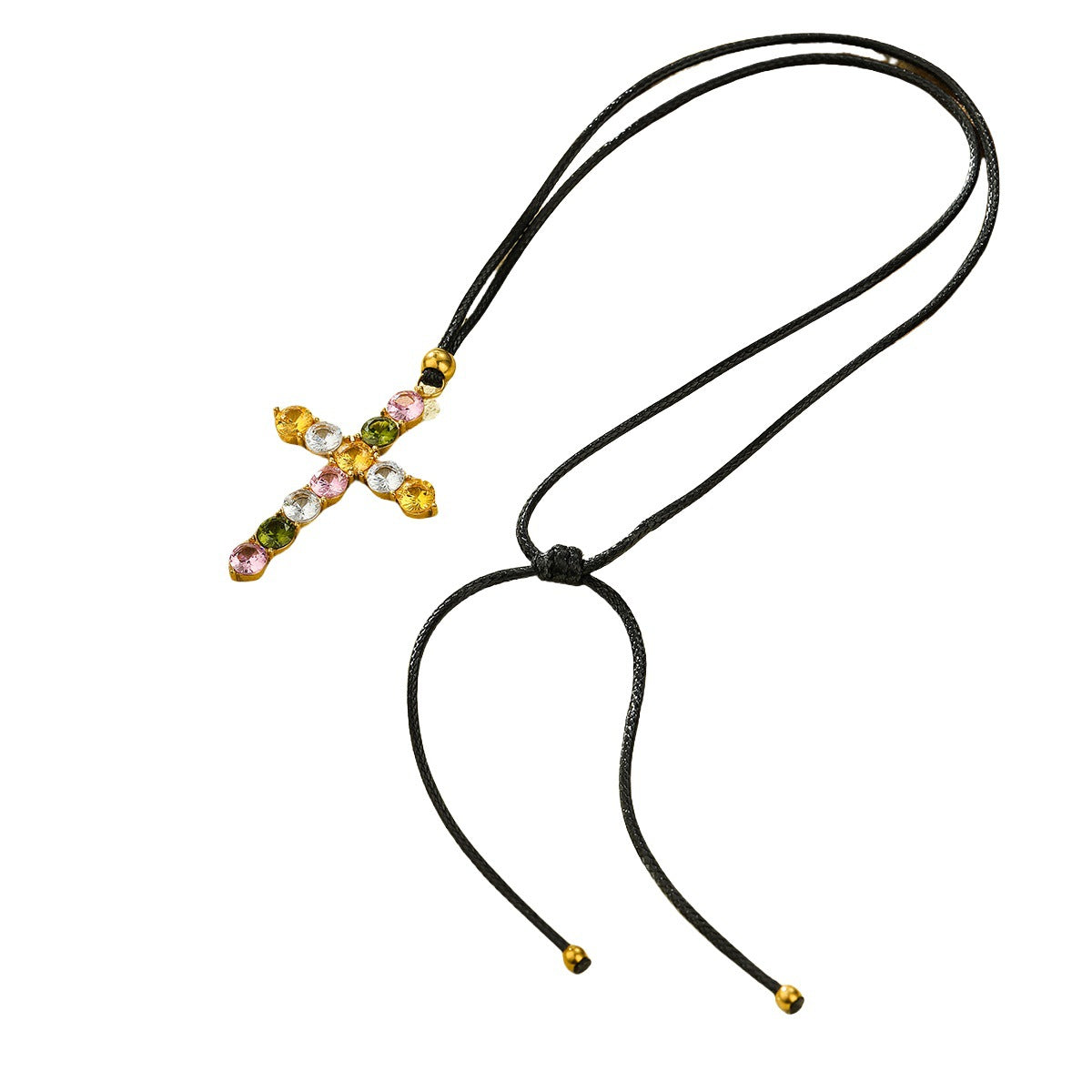 Collar con colgante de cruz a la moda en acero inoxidable con baño de oro de 18 quilates e incrustaciones de circonitas cúbicas de colores