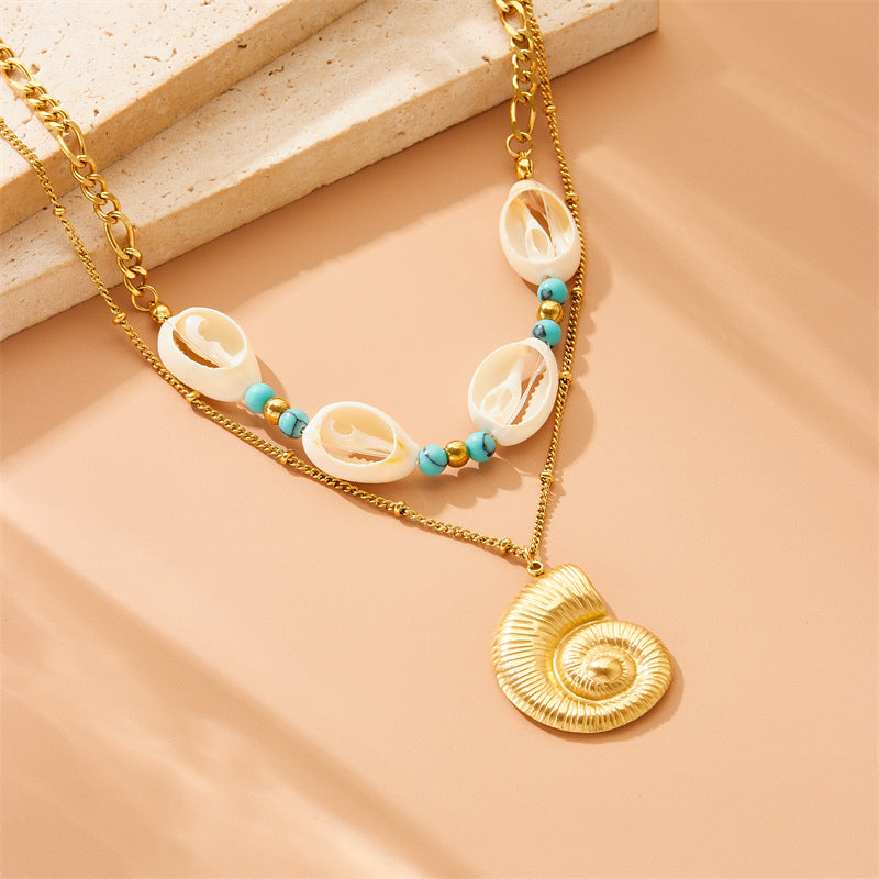 Vintage Trendy Turquoise Seashell Animal Pendant Necklace in Stainless Steel with Plated Finish