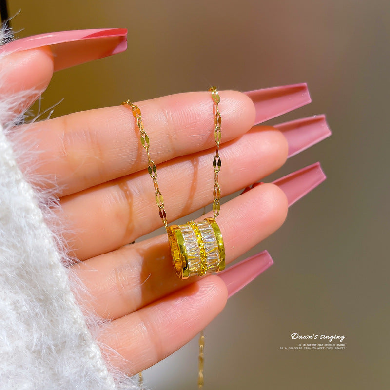 Minimalist Geometric Titanium Steel Plated Necklace for Women with Interlocking Double Ring Pendant and Lip Chain