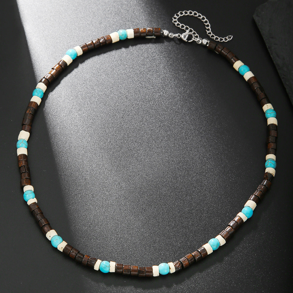 Bohemian Vintage Ethnic Punk Hip-hop Geometric Round Wood Bead Stainless Steel Ball Chain Necklace